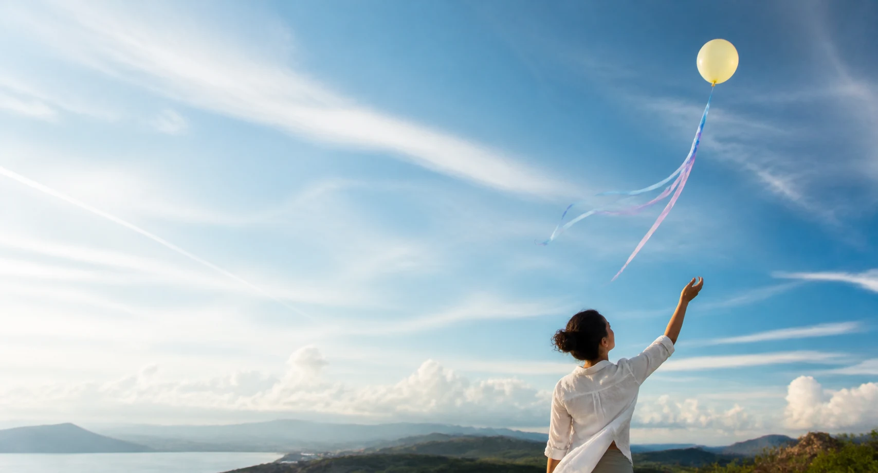 Una persona libera un globo frente a un cielo abierto